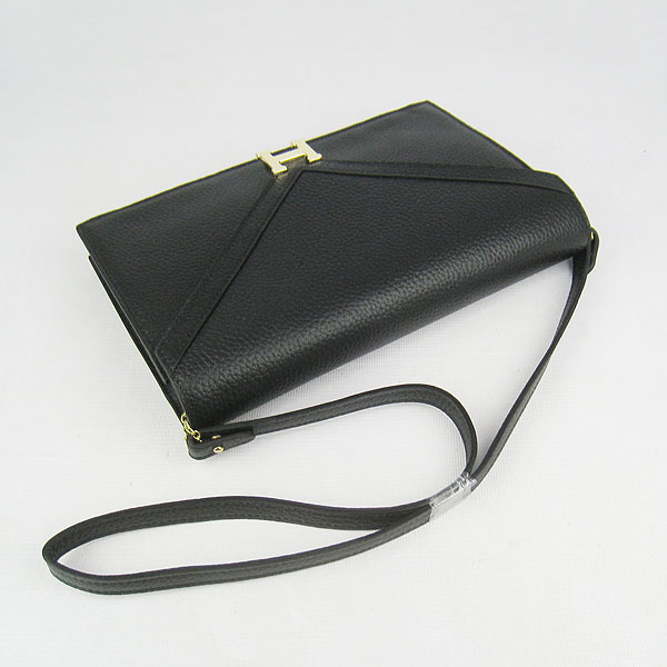 7A Hermes Togo Leather Messenger Bag Black With Gold Hardware H021 Replica